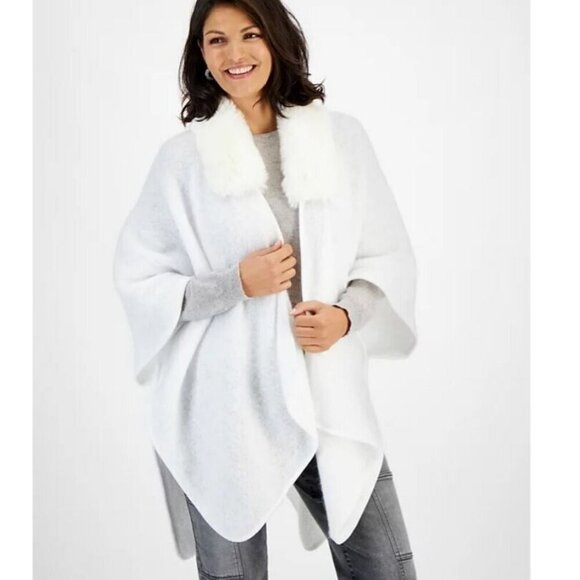 INC Inter. Concepts faux-fur trim fringe open front ruana poncho topper - White - Picture 1 of 7